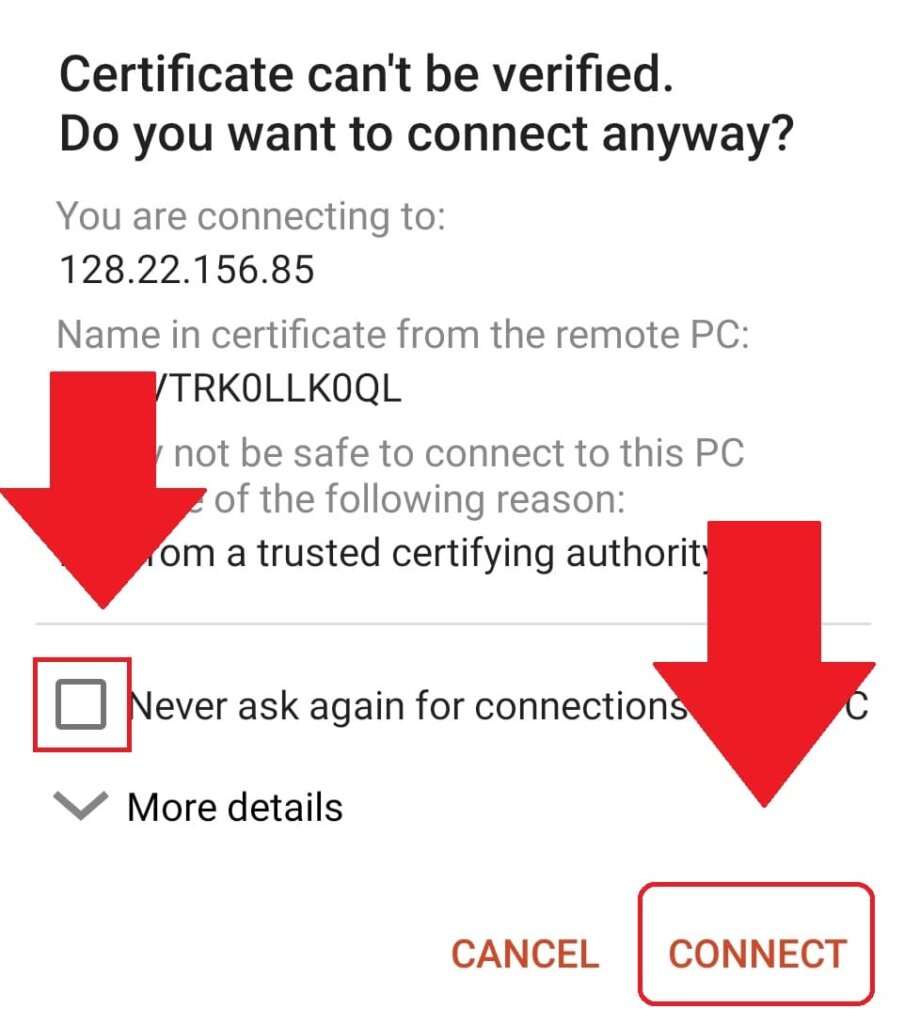 マイクロソフトリモートデスクトップ（スマホ・タブレットから接続）「Certificate can't be verified.Do you want to connect anyway？」というメッサ―が表示された画面